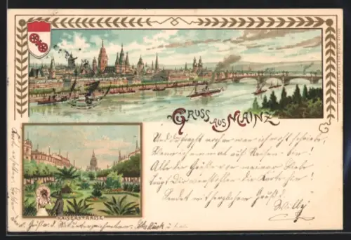 Lithographie Mainz, Teilansicht mit Kirche, Kaiserstrasse
