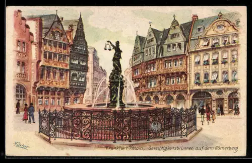 Künstler-AK Alt-Frankfurt, Gerechtigkeitsbrunnen auf dem Römerberg