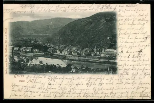 AK Alf a. d. Mosel, Ortsansicht mit Mosel und umliegenden Weinbergen