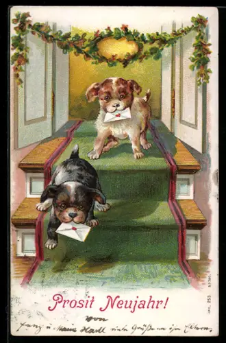 Lithographie Prosit Neujahr!, Welpen mit Briefumschlägen