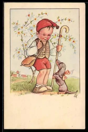 AK Kleiner Wanderer mit Stock u. Zipfelmütze bei der Dackel-Erziehung