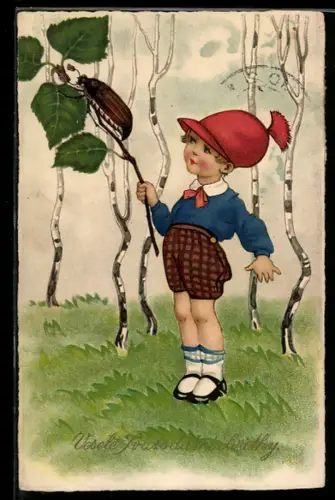 AK Kleiner Junge setzt einen Riesen-Maikäfer auf Birkenblätter