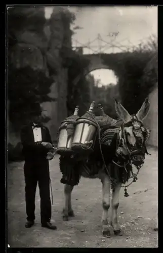 AK Granada, Packesel, mit Weingefässen beladen, mit Besitzer auf einer Strasse, Viadukt