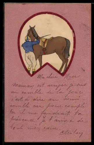 AK Jockey mit Gerte neben seinem Pferd, Rahmen in Hufeisenform