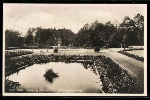 AK Essen-Steele, Anlage am Ehrenmal mit Stadtgarten-Restaurant