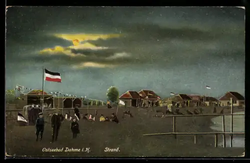 AK Dahme i. H., Strandpanorama mit Fahnen