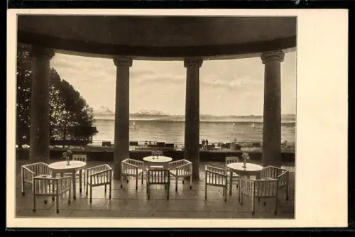 AK Friedrichshafen am Bodensee, Kurgarten-Hotel Friedrichshafen, Blick von der Terrasse auf den See und die Alpen