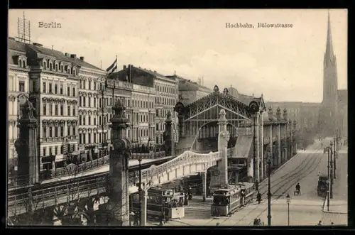 AK Berlin-Schöneberg, U-Bahnhof Bülowstrasse mit Strassenbahn, Im Hintergrund Kirche