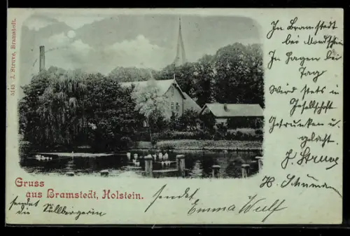Mondschein-AK Bramstedt /Holstein, Uferpartie