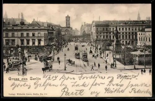AK Berlin, Alexanderplatz, Strassenpartie mit Denkmal und Strassenbahnen