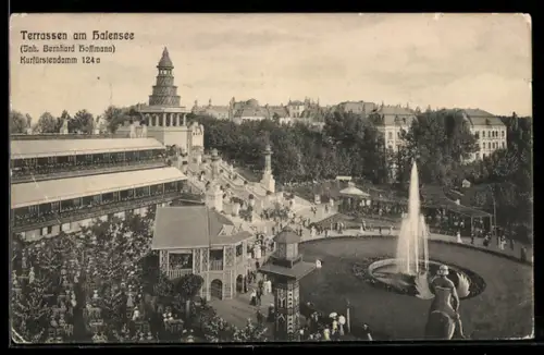 AK Berlin, Terrassen am Halensee, Gasthaus Bernhard Hoffmann, Kurfürstendamm 124a, Springbrunnen