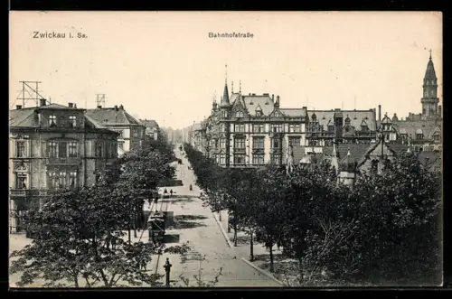 AK Zwickau i. Sa., Bahnhofstrasse mit Strassenbahn