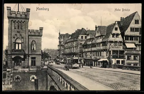 AK Hamburg, Hohe Brücke mit Strassenbahn