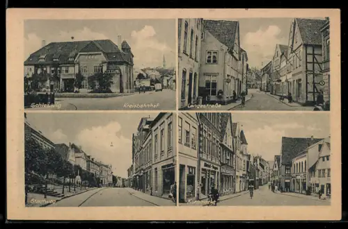 AK Schleswig, Kornmarkt mit Geschäften, Strasse Stadtweg mit Geschäften, Kreisbahnhof