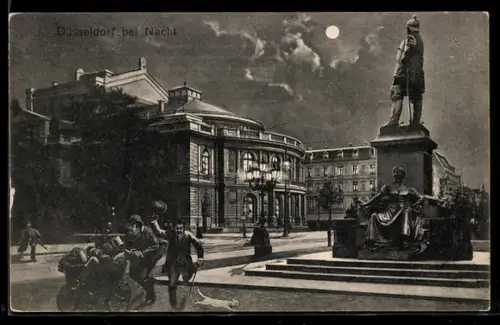 AK Düsseldorf, Strassenpartie mit Denkmal bei Mondschein