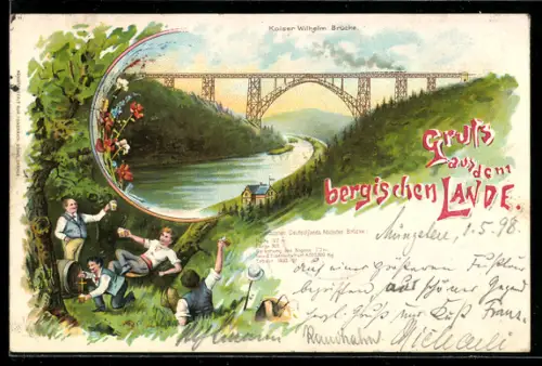 Lithographie Solingen, Kaiser Wilhelm Brücke, Flusslandschaft