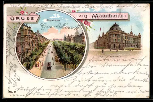 Lithographie Mannheim, Ringstrasse mit Leuten, Realschule um 1900