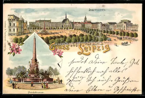 Lithographie Leipzig, Blick über den Augustusplatz m. Mendebrunnen u. Strassenbahn