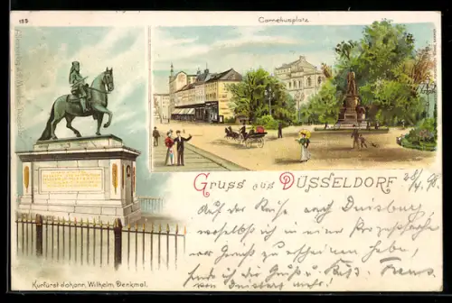 Lithographie-Andruck Düsseldorf, Corneliusplatz, Kurfürst Johann Wilhelm-Denkmal