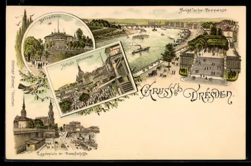 Lithographie Dresden, Brühlsche Terrasse, Belvedere, Helbigs Elbterrasse