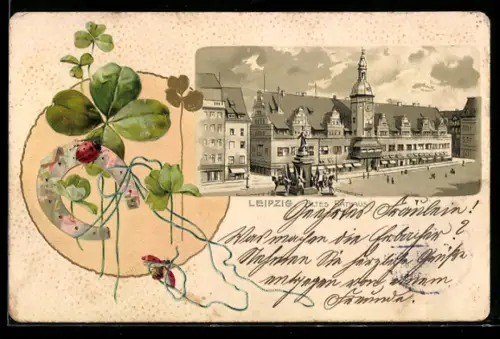 Lithographie Leipzig, Altes Rathaus und Denkmal, Marienkäfer auf Hufeisen mit Kleeblättern