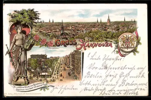 Lithographie Hannover, Georgstrasse, Hannovera, Ortsansicht aus der Vogelschau, Wappen