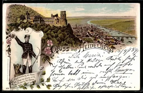 Lithographie Heidelberg, Teilansicht mit Burg, Student trinkt Bier