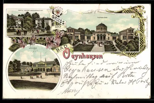 Lithographie Bad Oeynhausen, Kurhaus, Thermalbad, Partie vor der Badverwaltung