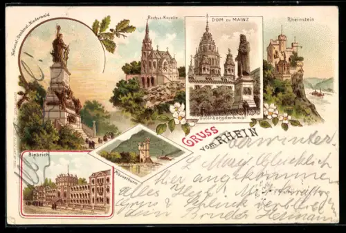 Lithographie Biebrich /Rhein, Niederwalddenkmal, Dom zu Mainz, Schloss Rheinstein, Rochus-Kapelle