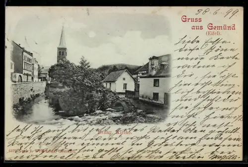 Mondschein-AK Gemünd /Eifel, Evangelische Kirche