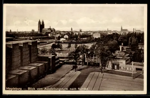 AK Magdeburg, Blick vom Ausstellungsturm nach Norden mit Kirche