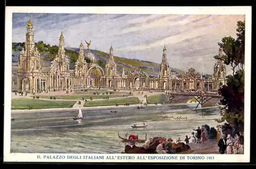 AK Torino, Esposizione Internazionale 1911, Il Palazzo degli Italiani all`Estero, Segelboot