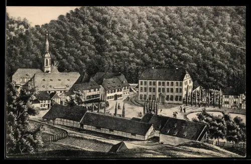 Künstler-AK Ilfeld /Südharz, Strassenpartie mit Kloster