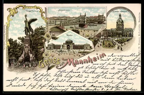 Lithographie Mannheim, Kriegerdenkmal, Neckarbrücke, Bahnhof