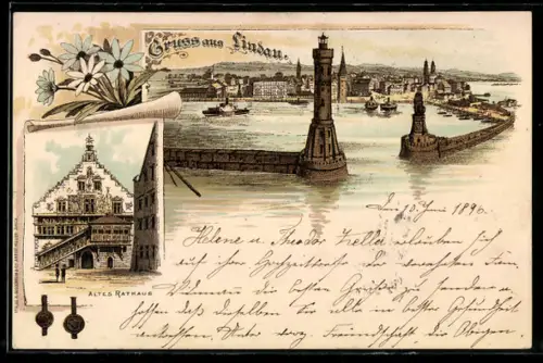 Lithographie Lindau, altes Rathaus und Blick in den Hafen