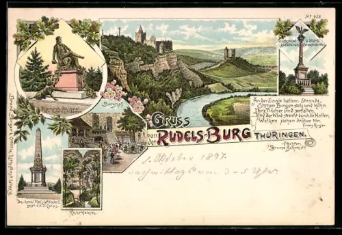 Lithographie Saaleck, Rudels-Burg, Bismarck Denkmal, Kunoklamm