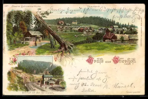 Lithographie Oberhof, Bahnhof mit dem Bärenstein, Obere Schweizerhütte, Oberland