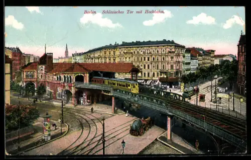 AK Berlin-Kreuzberg, Schlesisches Tor mit U-Bahn und Strassenbahn