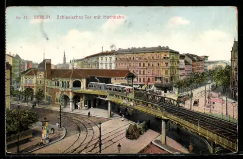 AK Berlin-Kreuzberg, Schlesisches Tor mit Hochbahn, U-Bahn, Strassenbahn, Pferdewagen