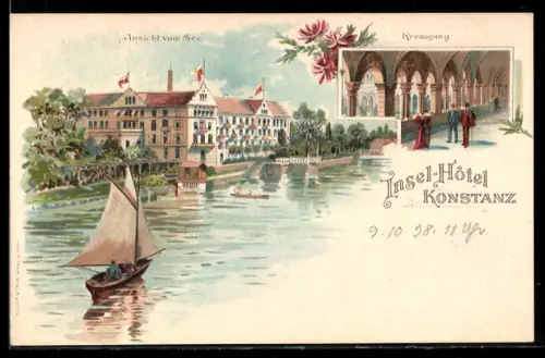 Lithographie Konstanz, Insel-Hôtel vom See gesehen, Kreuzgang