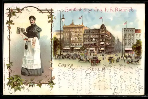 Lithographie Berlin, Gasthaus Hopfenblüthe F. H. Rieprich aus der Vogelschau, Kellnerin