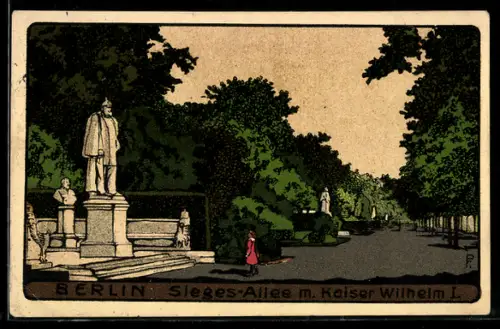 Steindruck-AK Berlin-Tiergarten, Sieges-Allee mit Kaiser Wilhelm I.