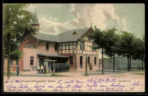 AK Truppenübungsplatz Senne, Hauptwache mit Soldaten, Baracke