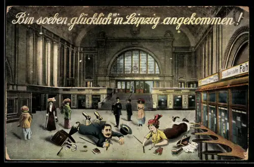AK Leipzig, gestürzte Menschen in der Bahnhofshalle