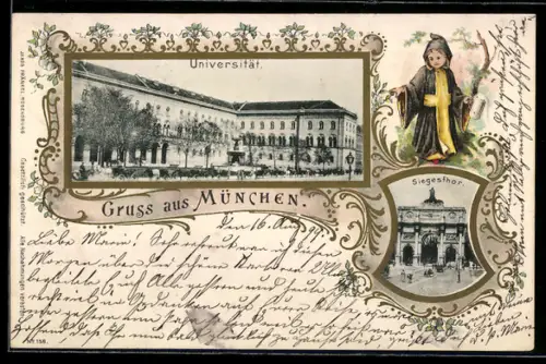 Lithographie München, Universität, Siegestor, Münchner Kindl, Passepartout
