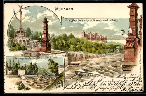 Lithographie München, Die eingestürzte Bogenhausener Brücke, Prinz Regenten-Brücke nach dem Einsturz, Denkmal