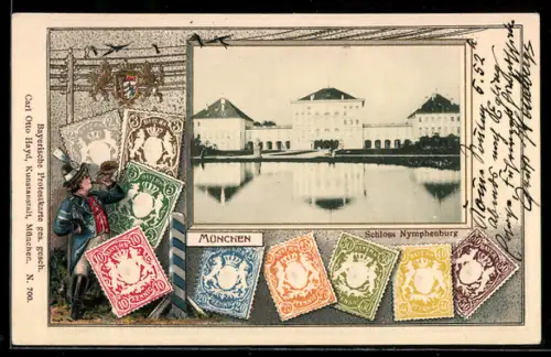 Passepartout-Lithographie München, Blick auf die Nymphenburg, Postjunge mit Horn, Briefmarken