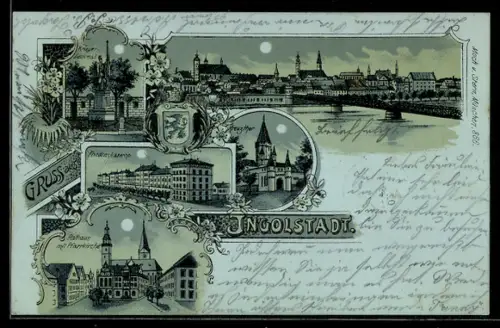 Mondschein-Lithographie Ingolstadt, Friedenskaserne, Rathaus mit Pfarrkirche, Kriegerdenkmal