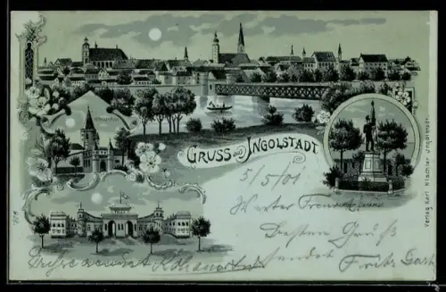 Mondschein-Lithographie Ingolstadt, Pionierkaserne Tilli, Kreuzthor, Krieger-Denkmal