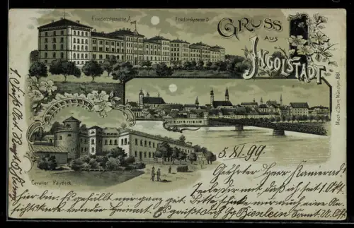 Mondschein-Lithographie Ingolstadt, Friedenskaserne A und B, Cavalier Haydeck, Brücke